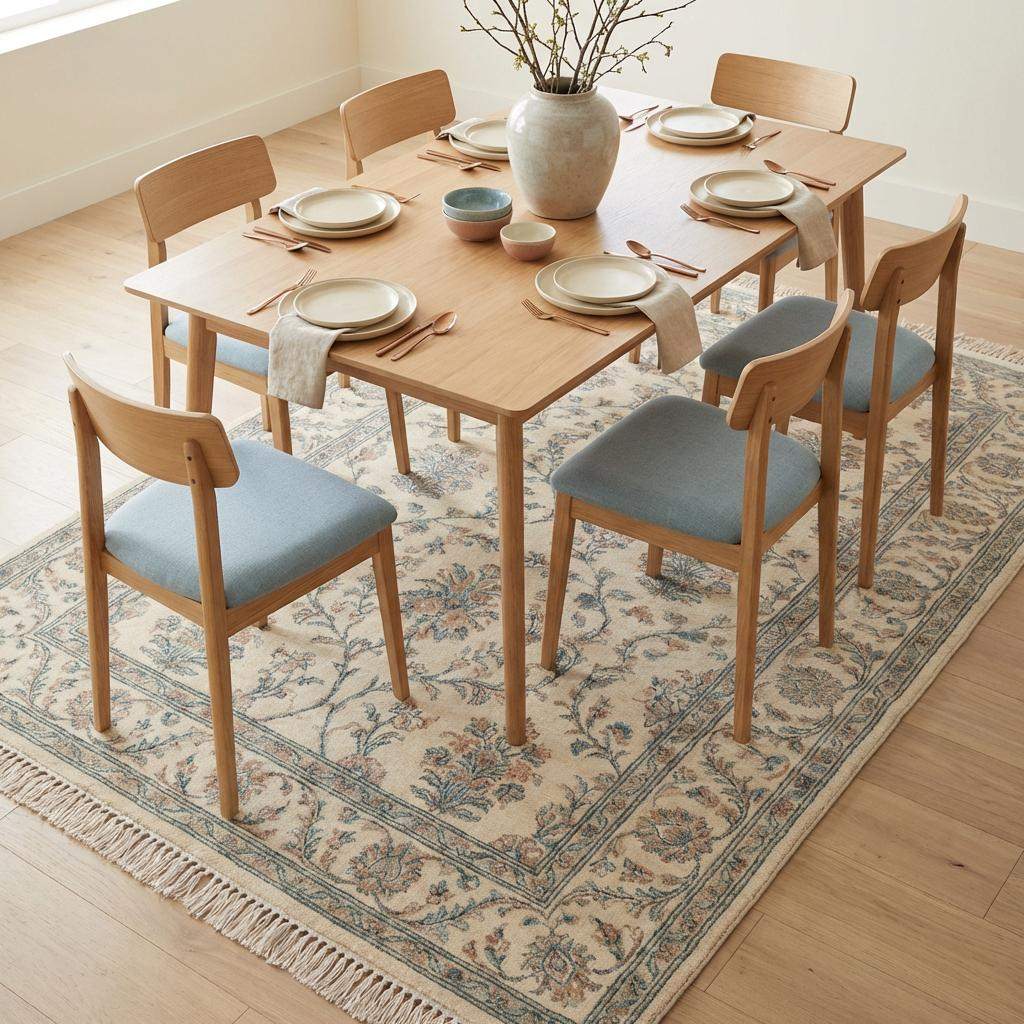 Ivory Blue Floral Hand Knotted Wool Area Rug