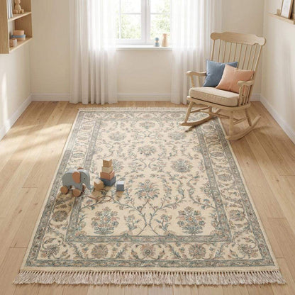 Hand knotted wool rug adding timeless warmth to interior décor