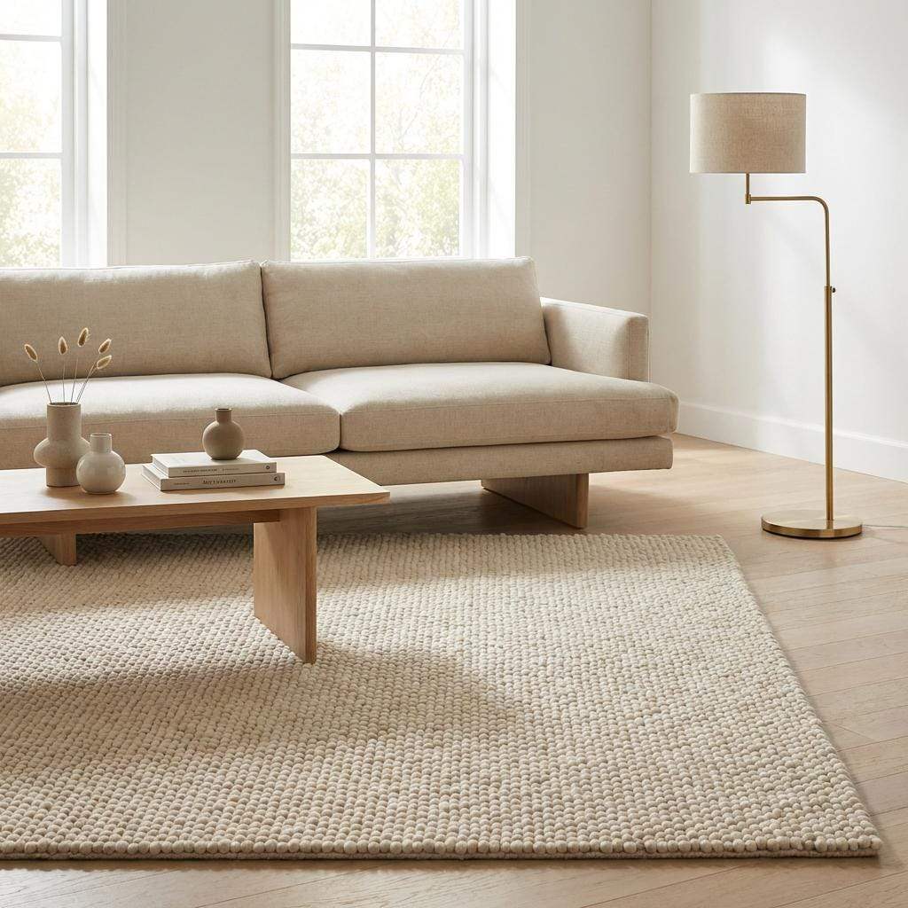 Ivory chunky wool area rug with thick looped texture in modern minimalist living room
