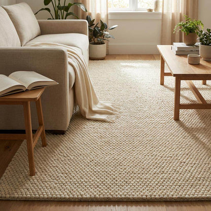 Ivory chunky wool area rug with thick looped texture in modern cozy living room