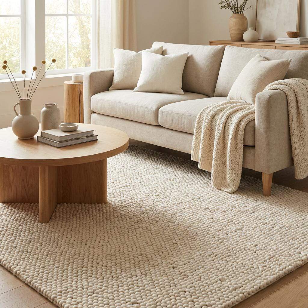 Ivory chunky wool area rug with thick looped texture in cozy modern minimalist living room