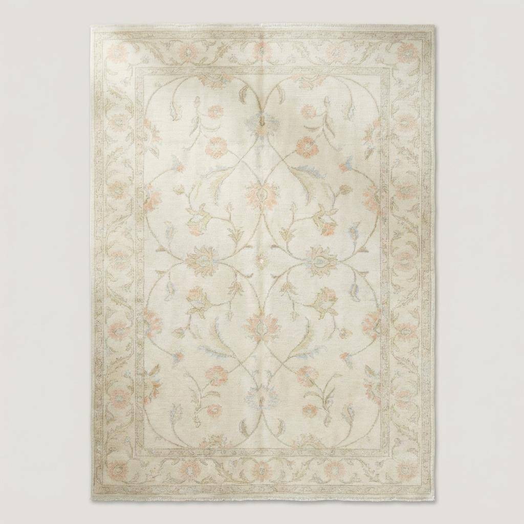 Ivory floral wool rug with delicate pastel flowers and soft wool texture for living room decor