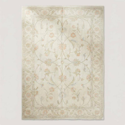 Ivory floral wool rug with delicate pastel flowers and soft wool texture for living room decor