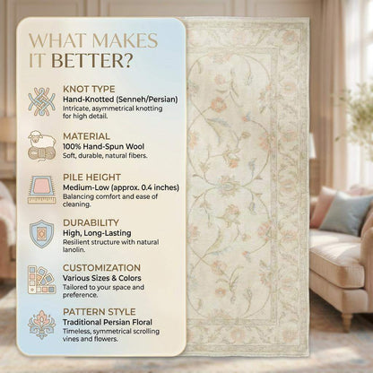 Ivory floral wool hand knotted rug with pastel flowers and soft neutral base for living room decor