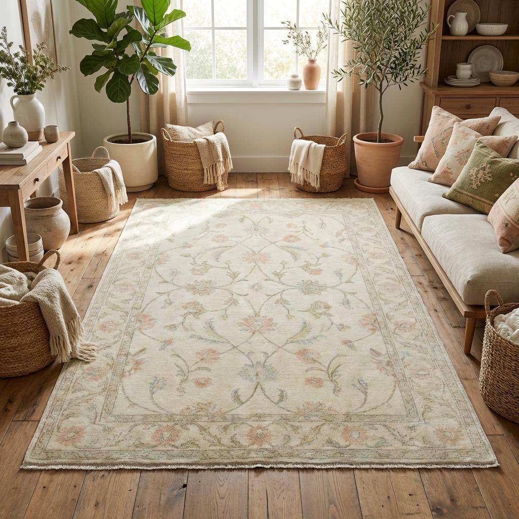 Ivory floral wool rug with pastel flower design, handmade and soft, perfect for living room decor