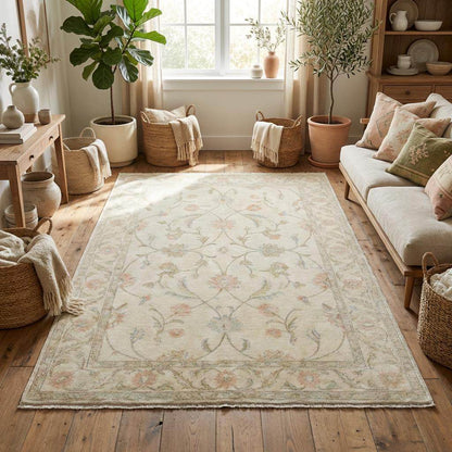 Ivory floral wool rug with pastel flower design, handmade and soft, perfect for living room decor