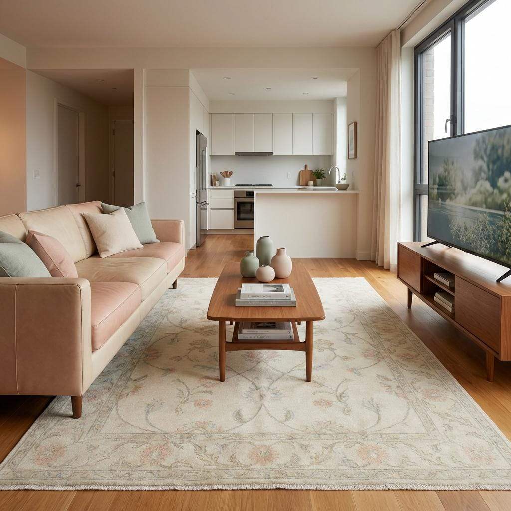 Ivory floral wool rug with soft pile and delicate pastel flowers for elegant living room decor