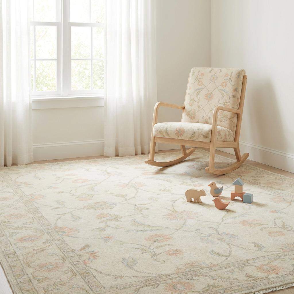 Ivory floral wool rug with delicate pastel flowers and soft neutral base for living room decor