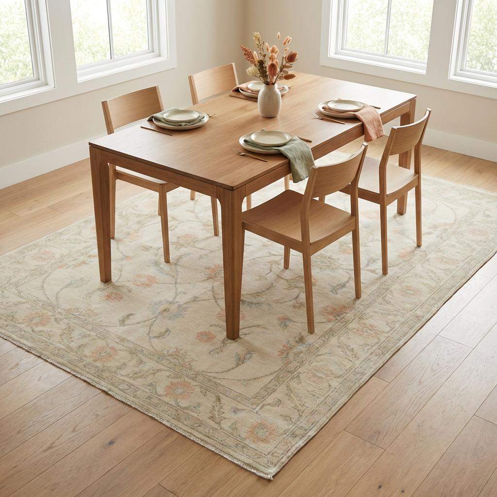 Ivory floral wool rug with delicate pastel flowers and soft texture for elegant living room decor