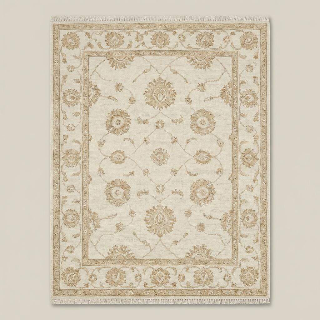 Neutral beige and ivory hand knotted floral rug with classic Oushak border design