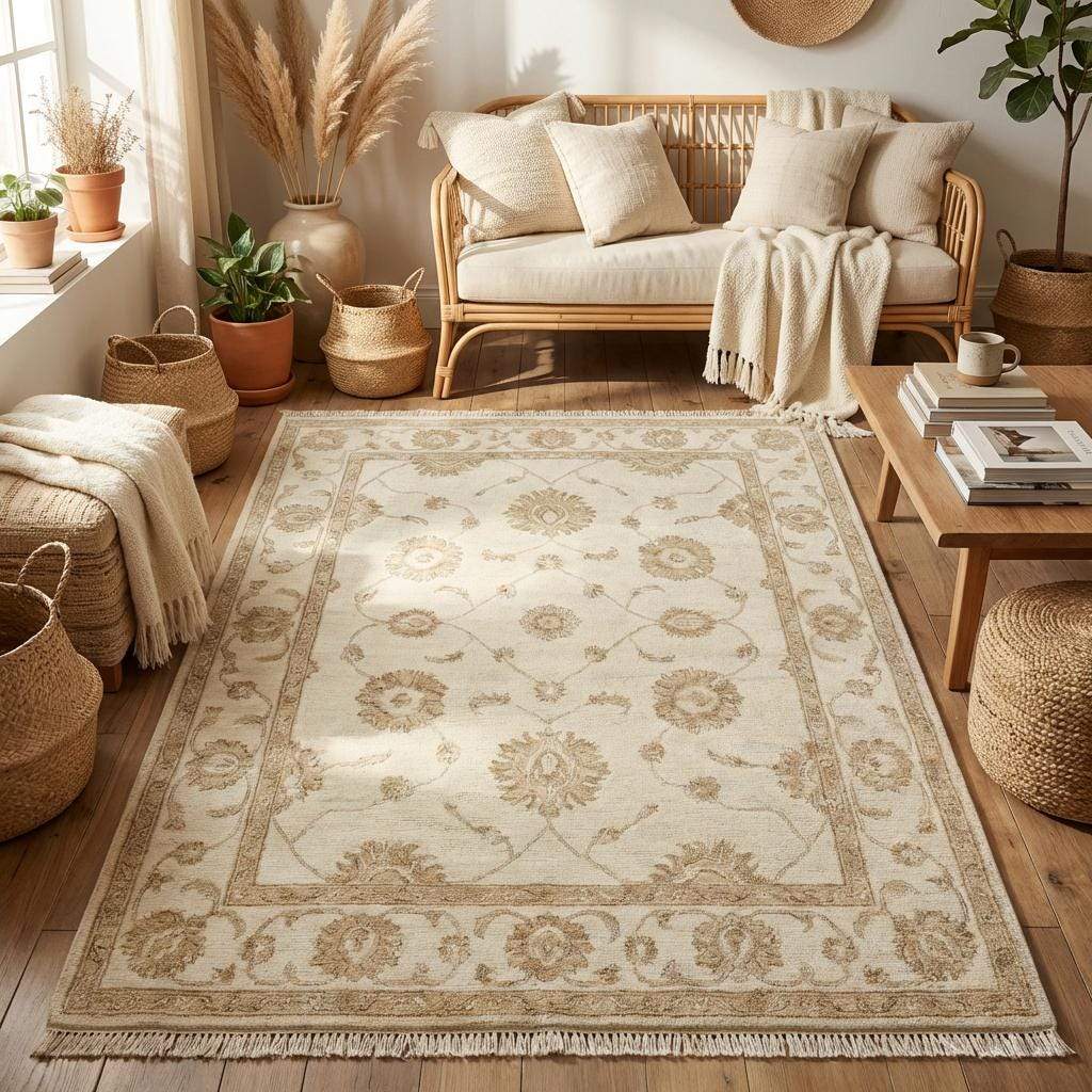 Artisan made hand knotted wool rug styled in modern minimalist interior