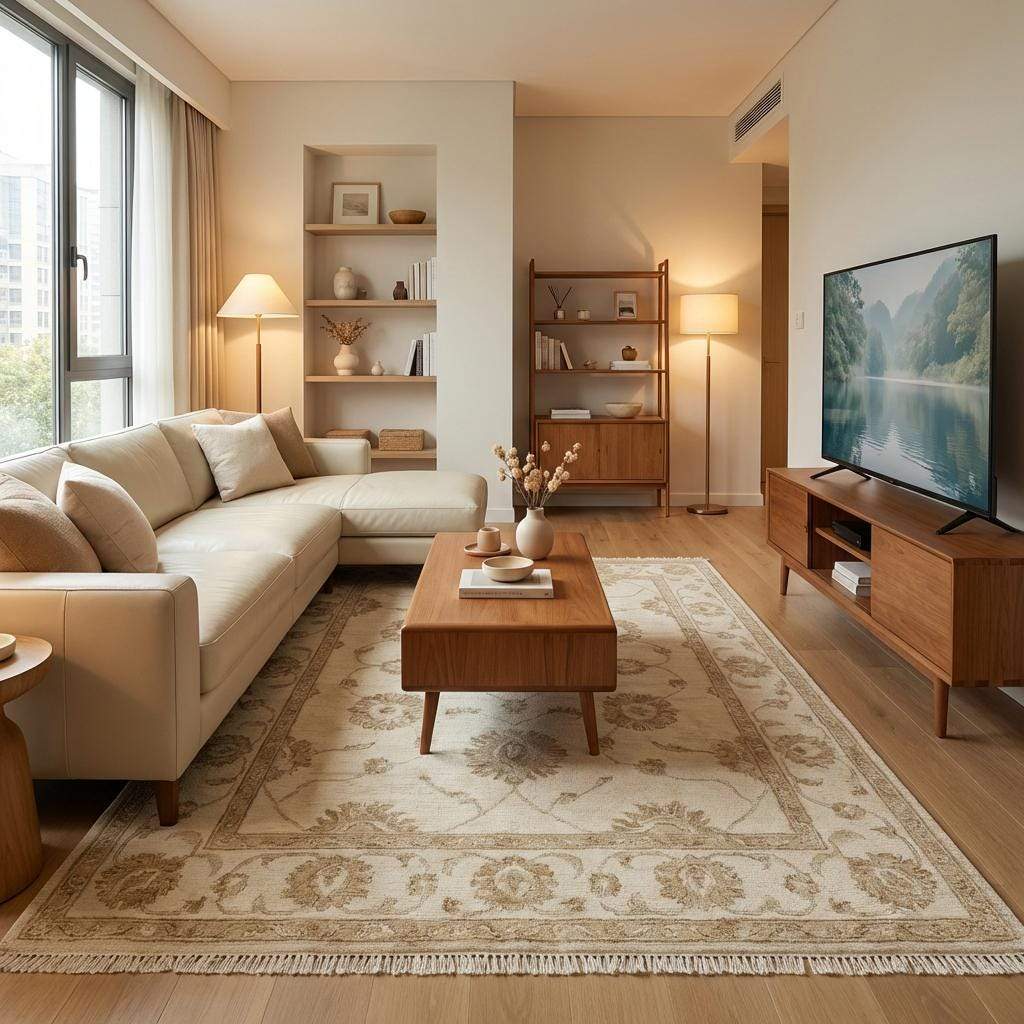 Traditional hand knotted Oushak rug with low pile wool and soft neutral tones