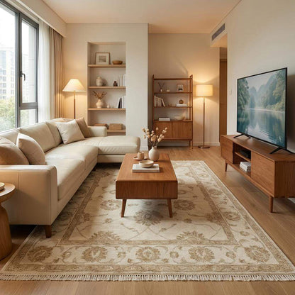 Traditional hand knotted Oushak rug with low pile wool and soft neutral tones