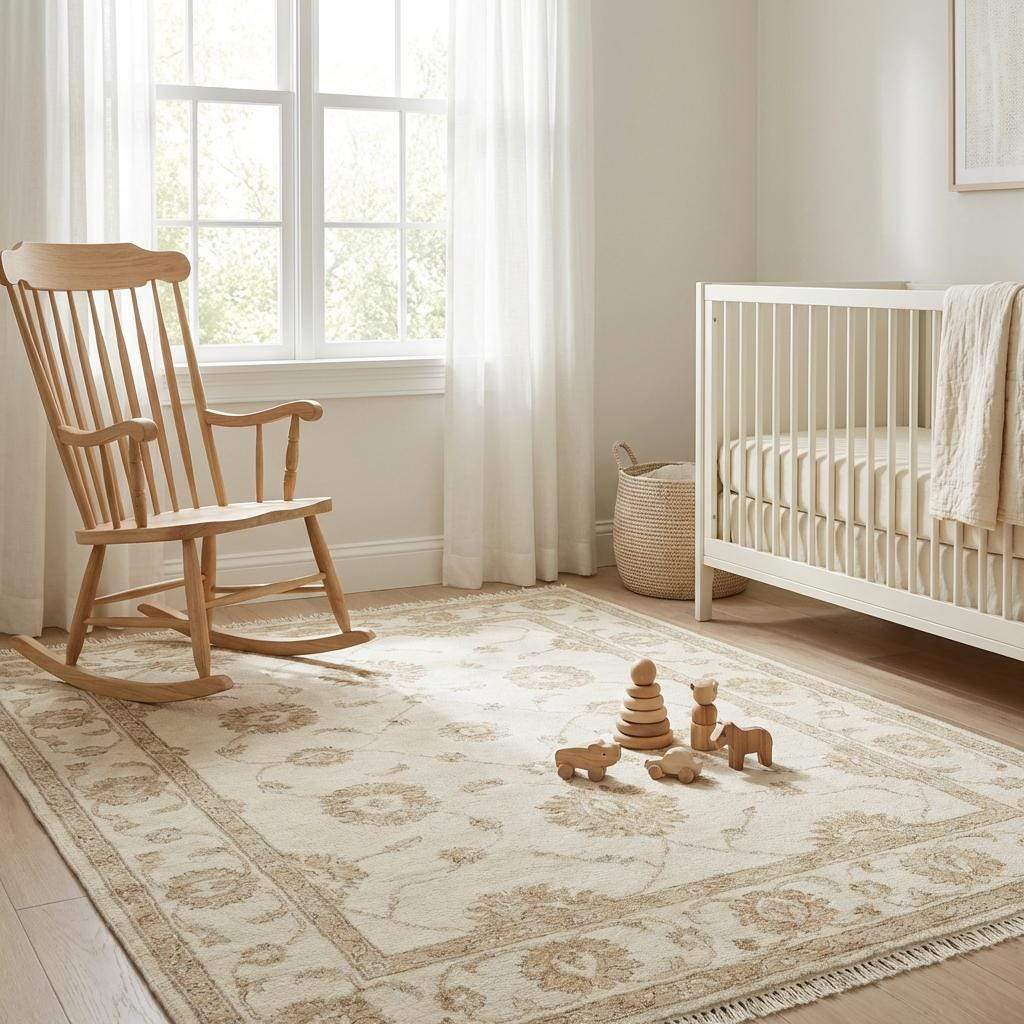 Ivory Oushak Area Rug, Hand Knotted Wool Floral Living Room Rug
