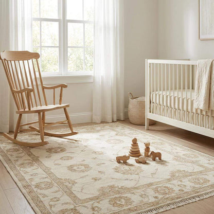 Ivory Oushak Area Rug, Hand Knotted Wool Floral Living Room Rug