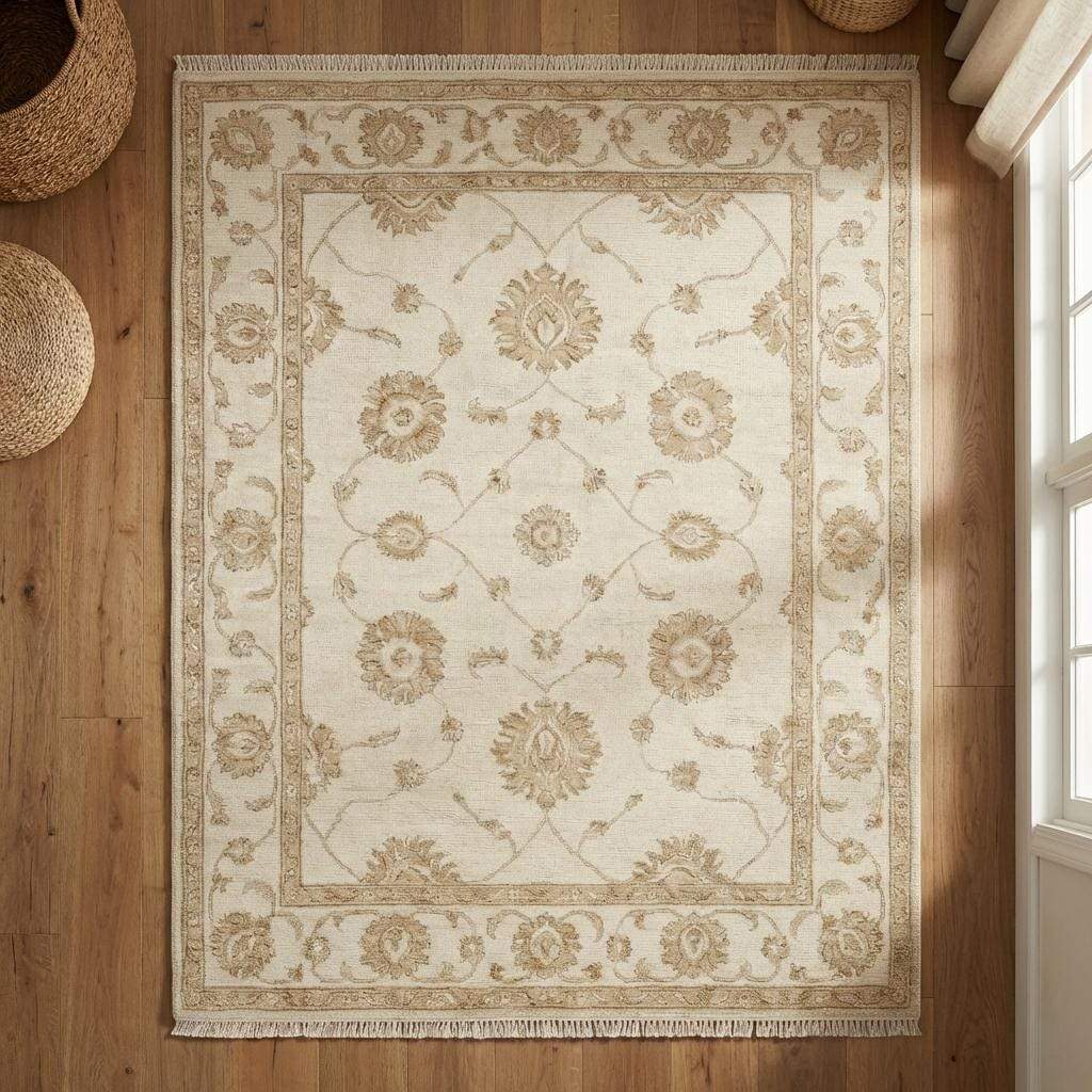 Ivory Oushak Area Rug, Hand Knotted Wool Floral Living Room Rug