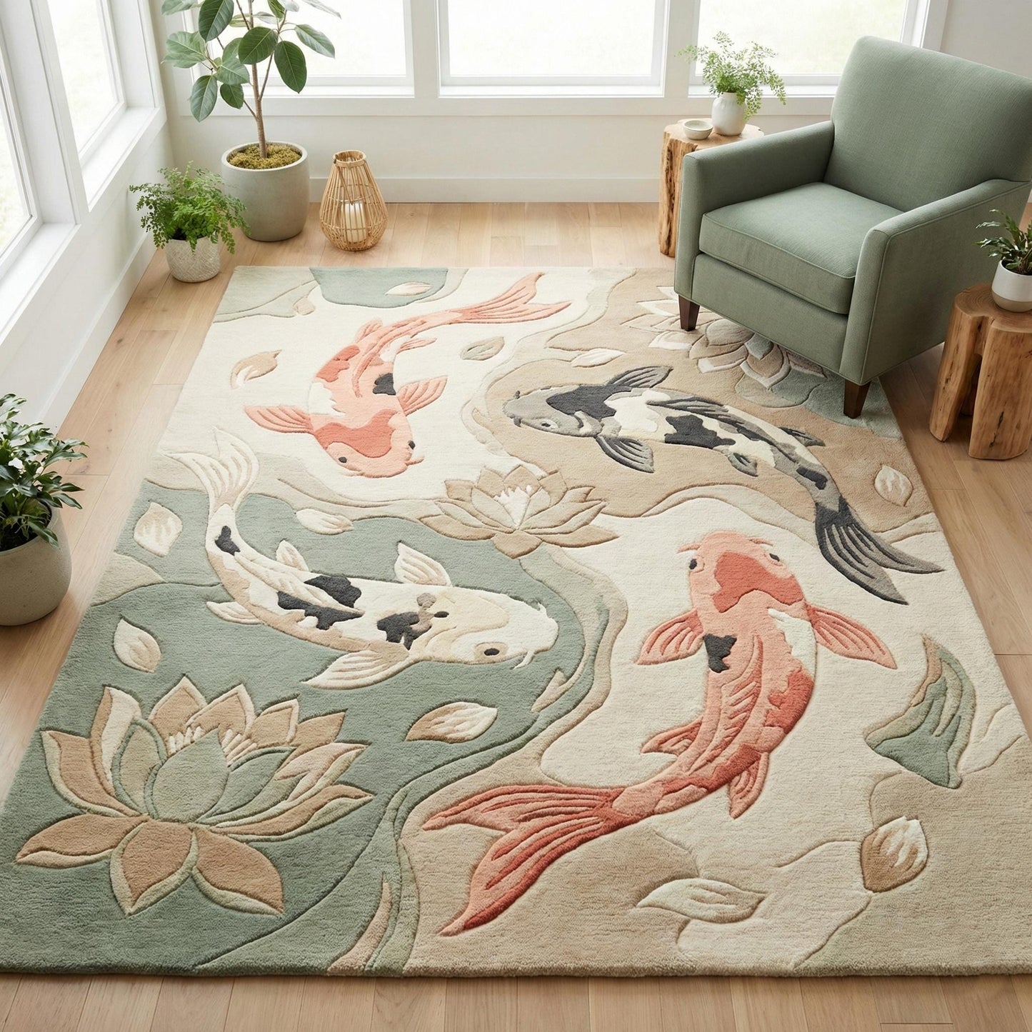 Japanese koi fish area rug with lotus pond design for serene living room decor