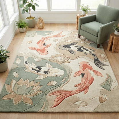 Japanese koi fish area rug with lotus pond design for serene living room decor