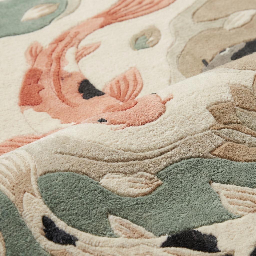 Close-up of koi fish rug showing plush fibers, carved detailing, raised lotus patterns, and soft textured pile highlighting quality craftsmanship and comfort