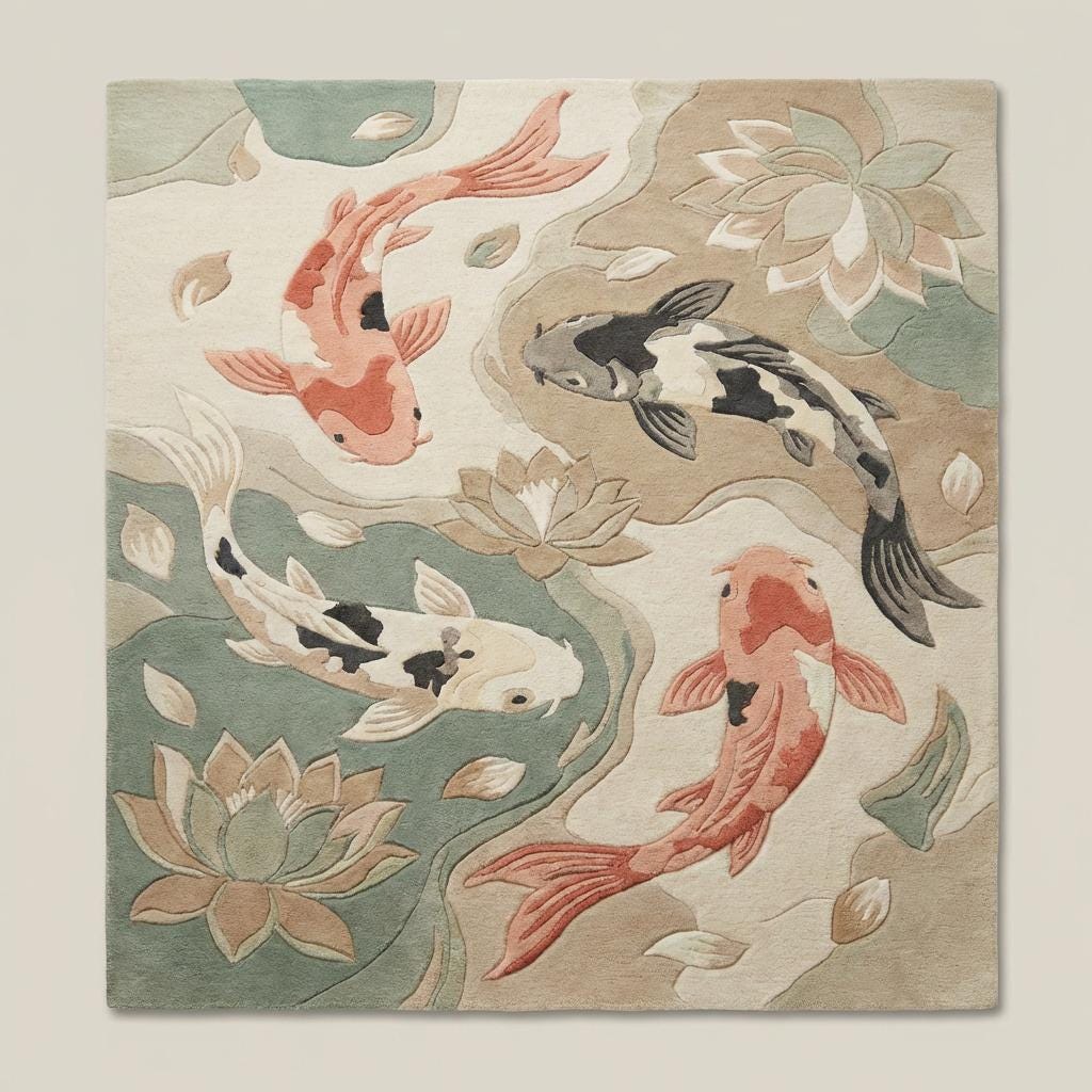 Top-down view of Japanese koi pond area rug displaying full fish pattern, flowing water shapes, lotus flowers, and balanced neutral color palette