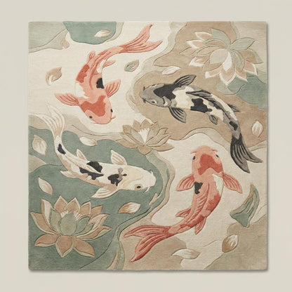 Top-down view of Japanese koi pond area rug displaying full fish pattern, flowing water shapes, lotus flowers, and balanced neutral color palette
