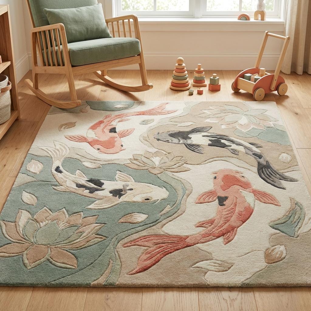 Soft koi fish nursery rug styled in a child’s room, creating a calming, nature-inspired floor space with gentle colors and plush comfort