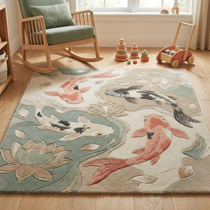 Soft koi fish nursery rug styled in a child’s room, creating a calming, nature-inspired floor space with gentle colors and plush comfort