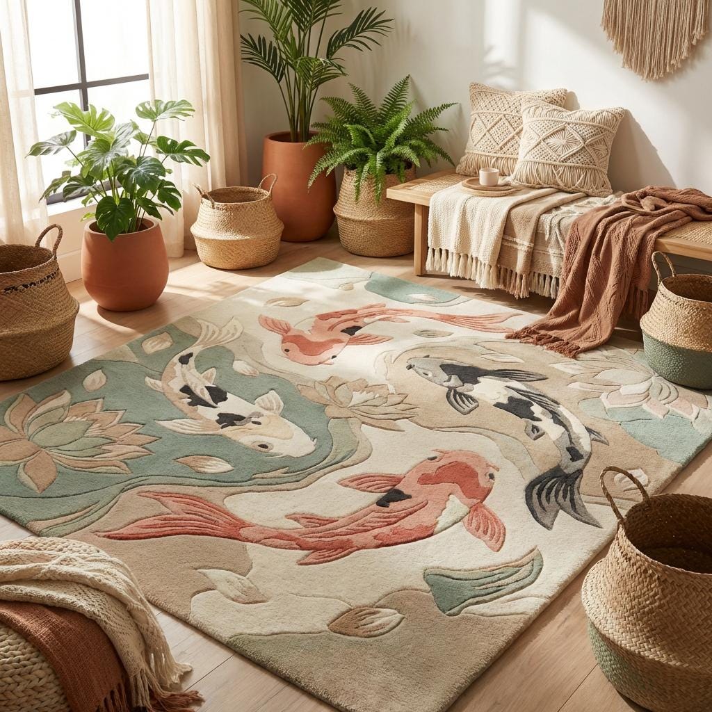 Koi fish area rug placed in a modern living room, complementing minimalist furniture, natural light, and calm Japandi interior design