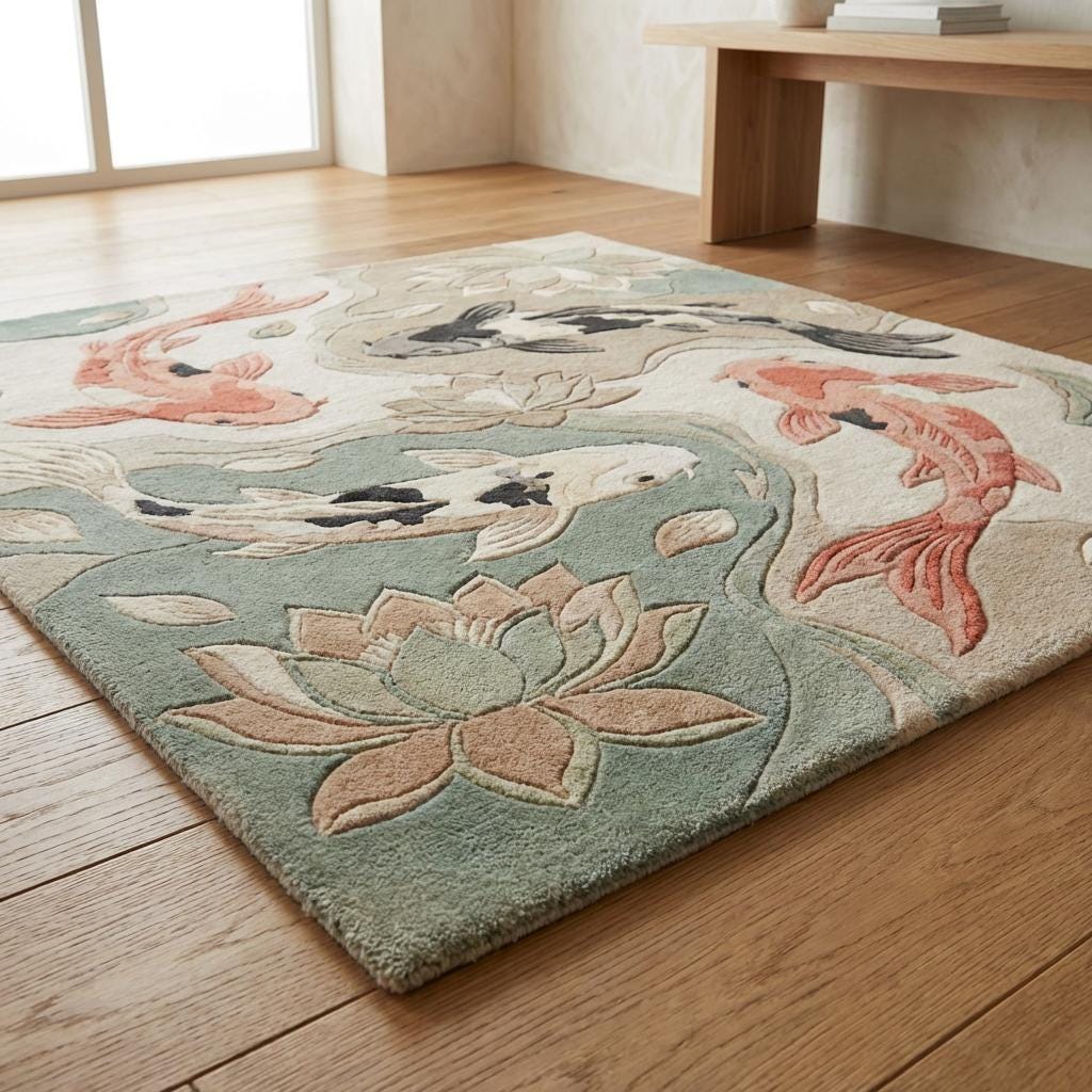 Detailed corner view of koi lotus rug showing clean edges, carved pile depth, and smooth finishing for premium area rug quality