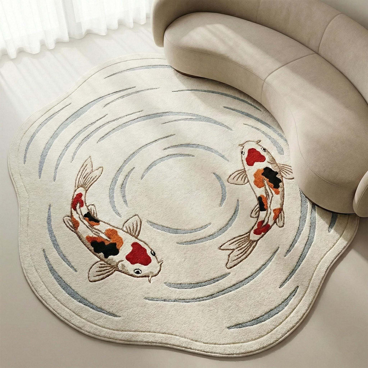 Koi fish area rug with soft water ripples in neutral tones for a calm Japandi living room or nursery