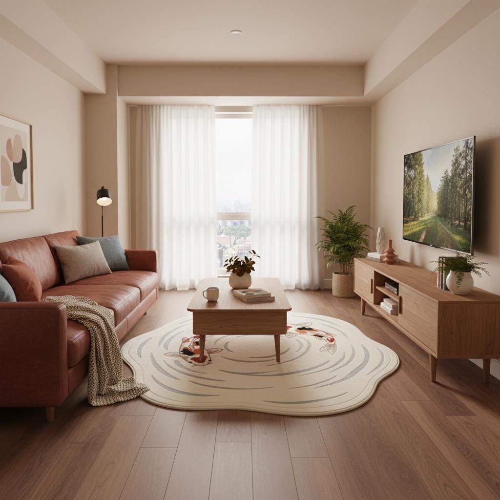 Detailed view of koi fish rug edge showing smooth finished borders, organic curved shape, soft pile construction, and refined stitching for a high-quality decorative carpet.
