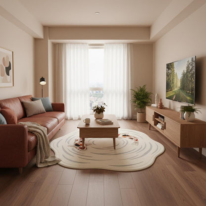 Detailed view of koi fish rug edge showing smooth finished borders, organic curved shape, soft pile construction, and refined stitching for a high-quality decorative carpet.