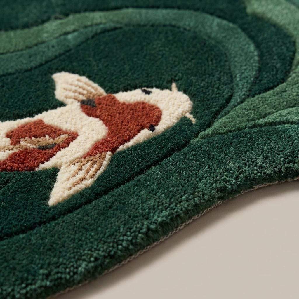 Koi Fish Hand Tufted Green Rug Organic Shape Modern Living Room