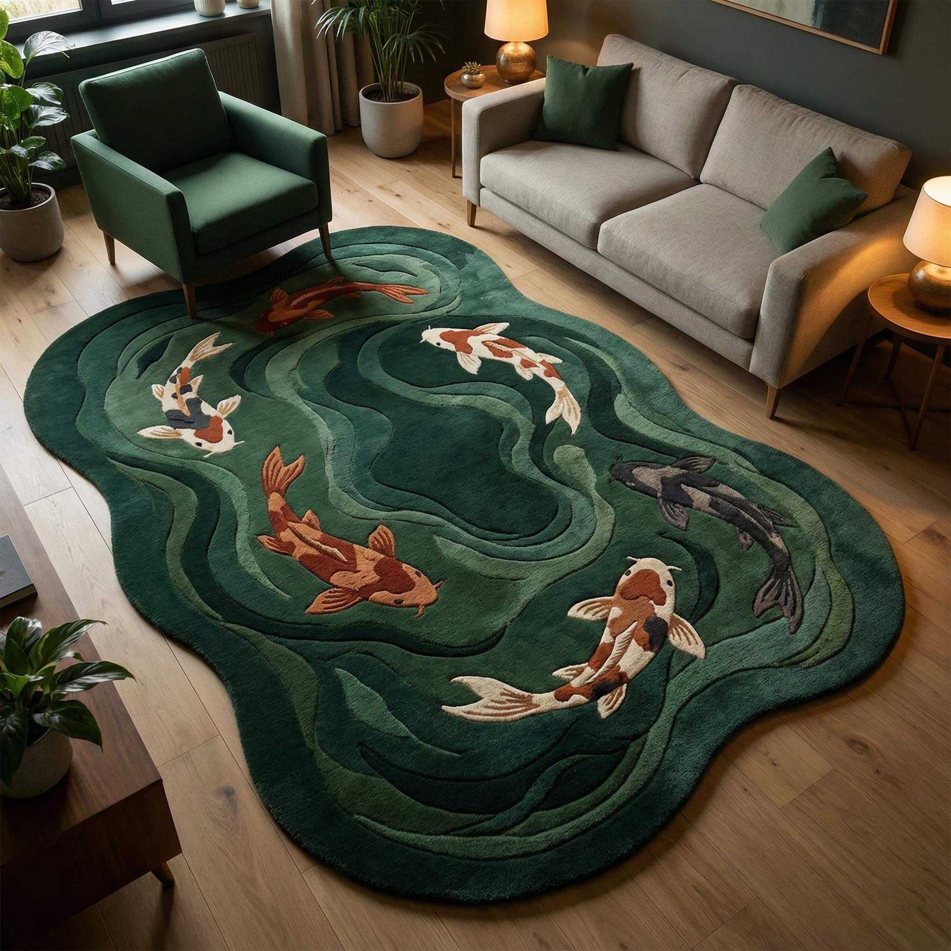 Koi fish hand tufted green wool rug with organic shape and carved textured design for modern living rooms