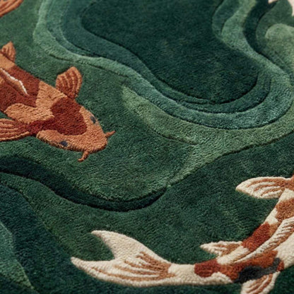 Close-up of hand tufted wool pile showing carved high-low texture and dense soft fiber surface.