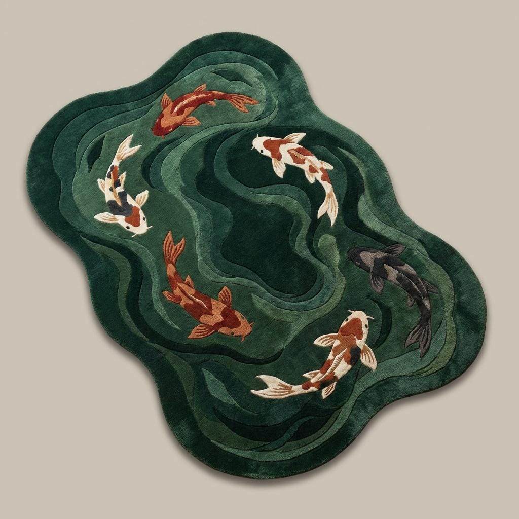 Modern artistic koi fish rug with flowing water pattern in deep green and rust tones.