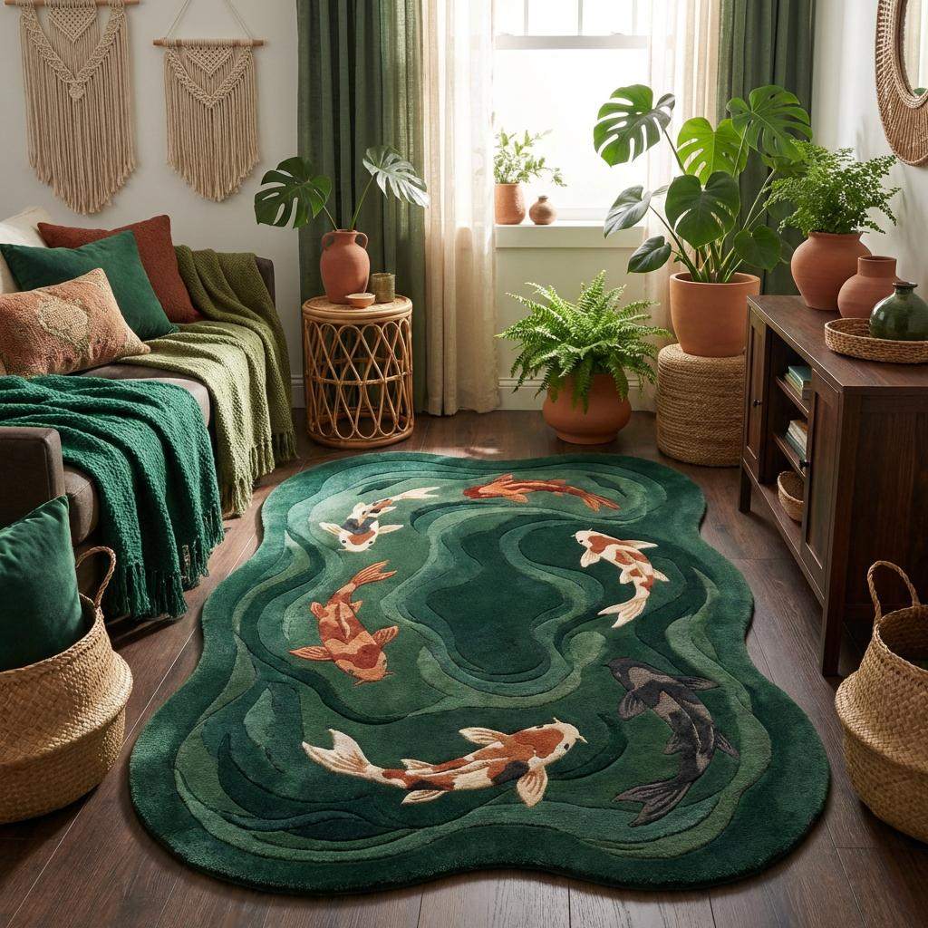 Irregular shaped green wool area rug styled in contemporary nature-inspired interior.