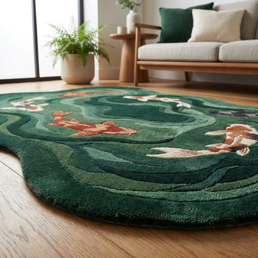 Designer statement hand tufted rug suitable for living room or reading space décor.