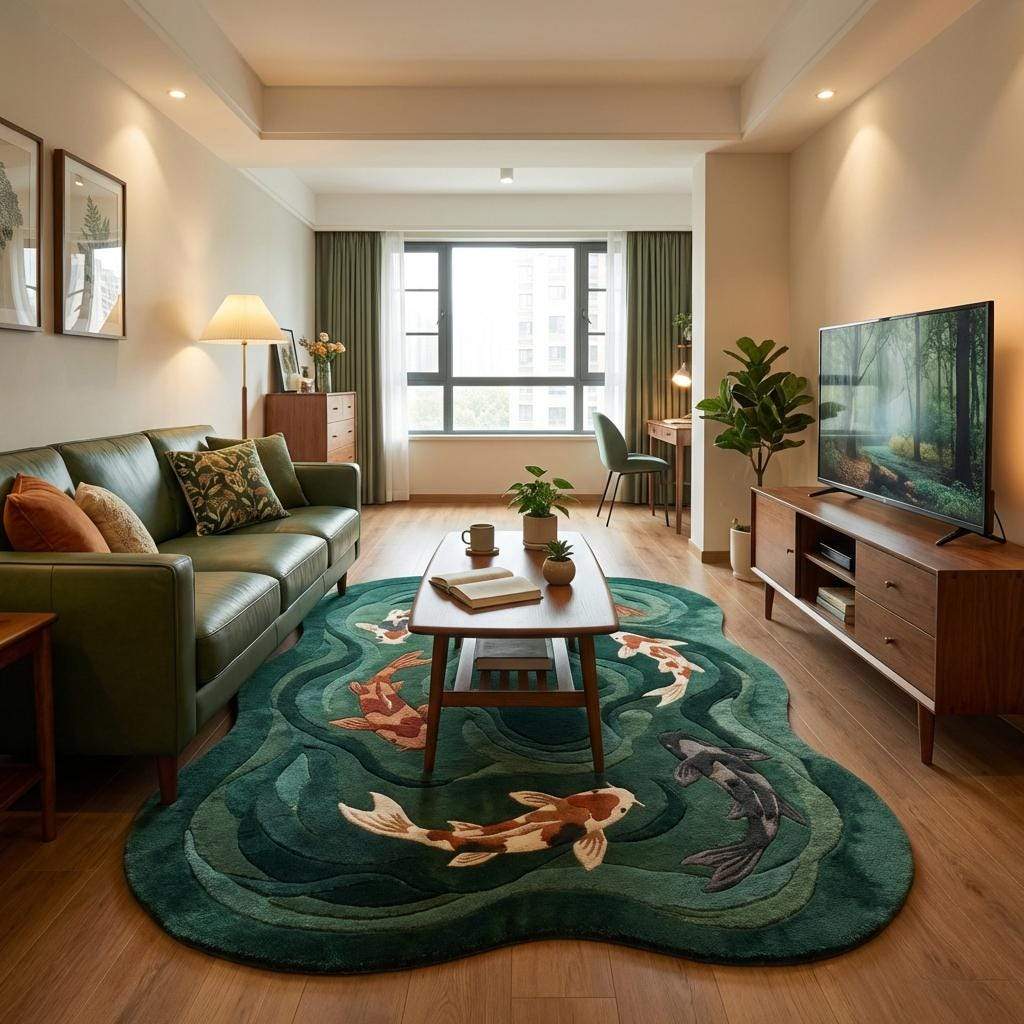 Nature inspired koi fish wool rug adding calm zen feeling to modern home interior.
