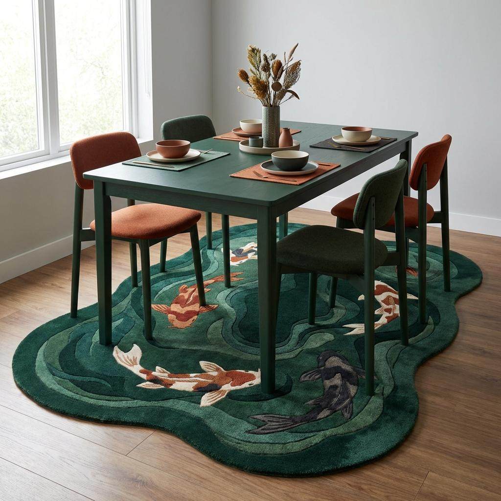 Koi Fish Hand Tufted Green Rug Organic Shape Modern Living Room