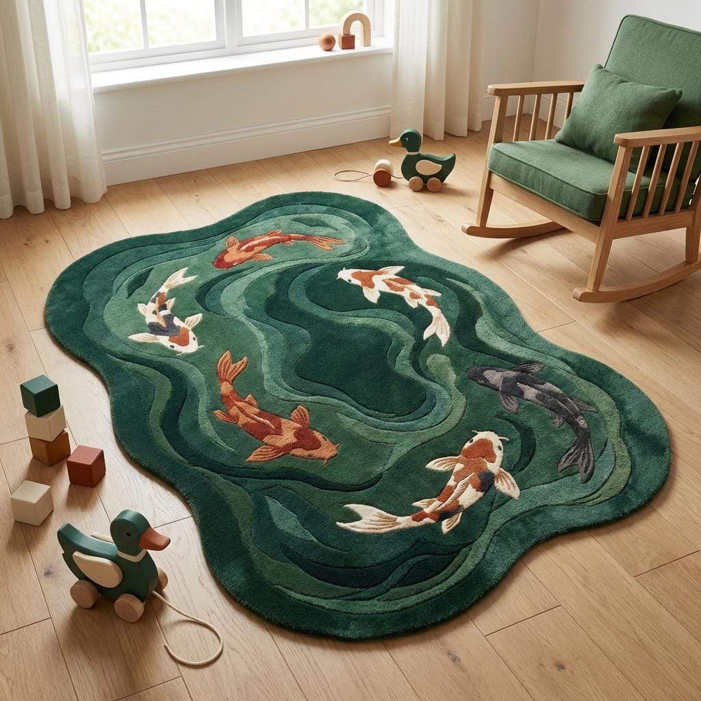 Koi Fish Hand Tufted Green Rug Organic Shape Modern Living Room