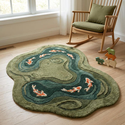 Handmade tufted green living room rug with dimensional carving and soft plush texture.