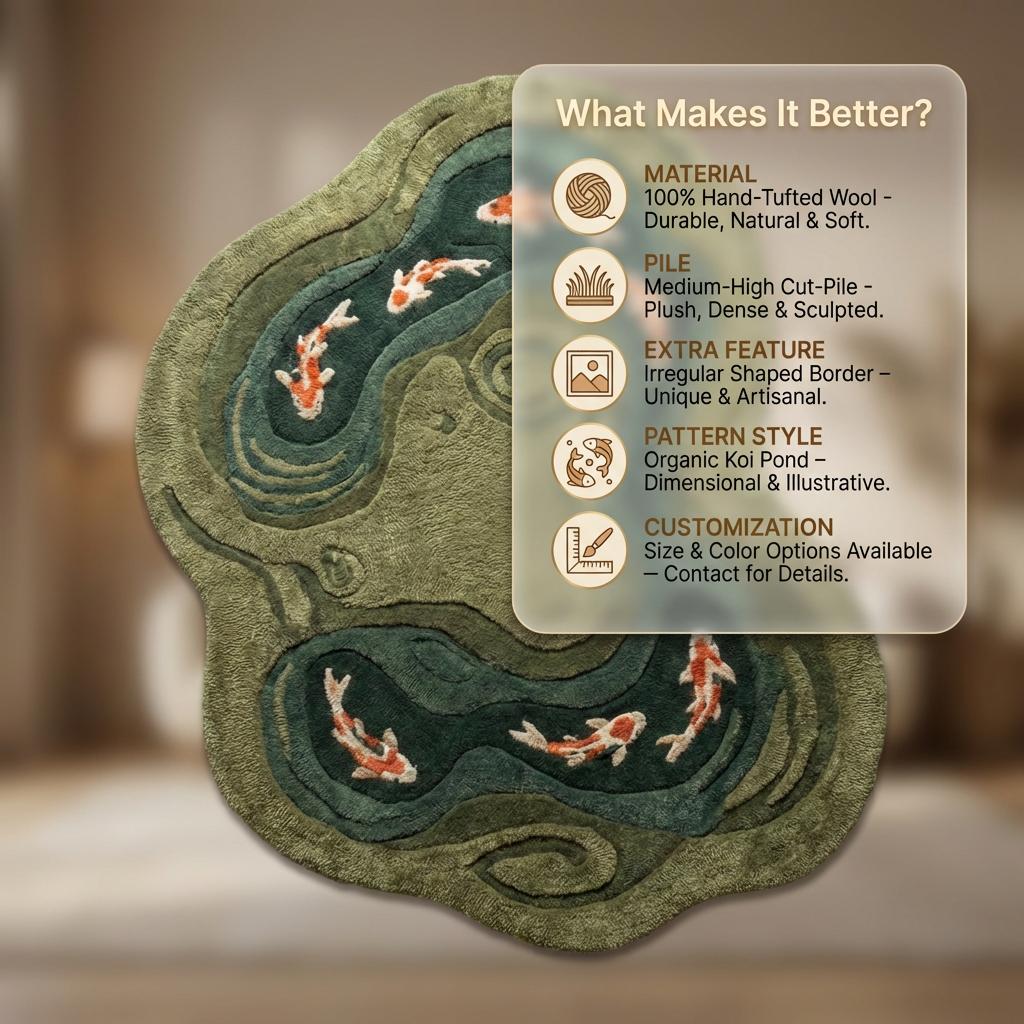 Koi Fish Pond Hand Tufted Rug, Irregular Wool Area Carpet