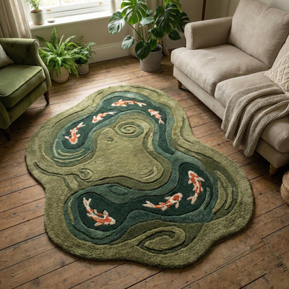 Hand tufted koi pond rug in organic irregular shape with green wool pile and carved fish design placed in a modern living room.