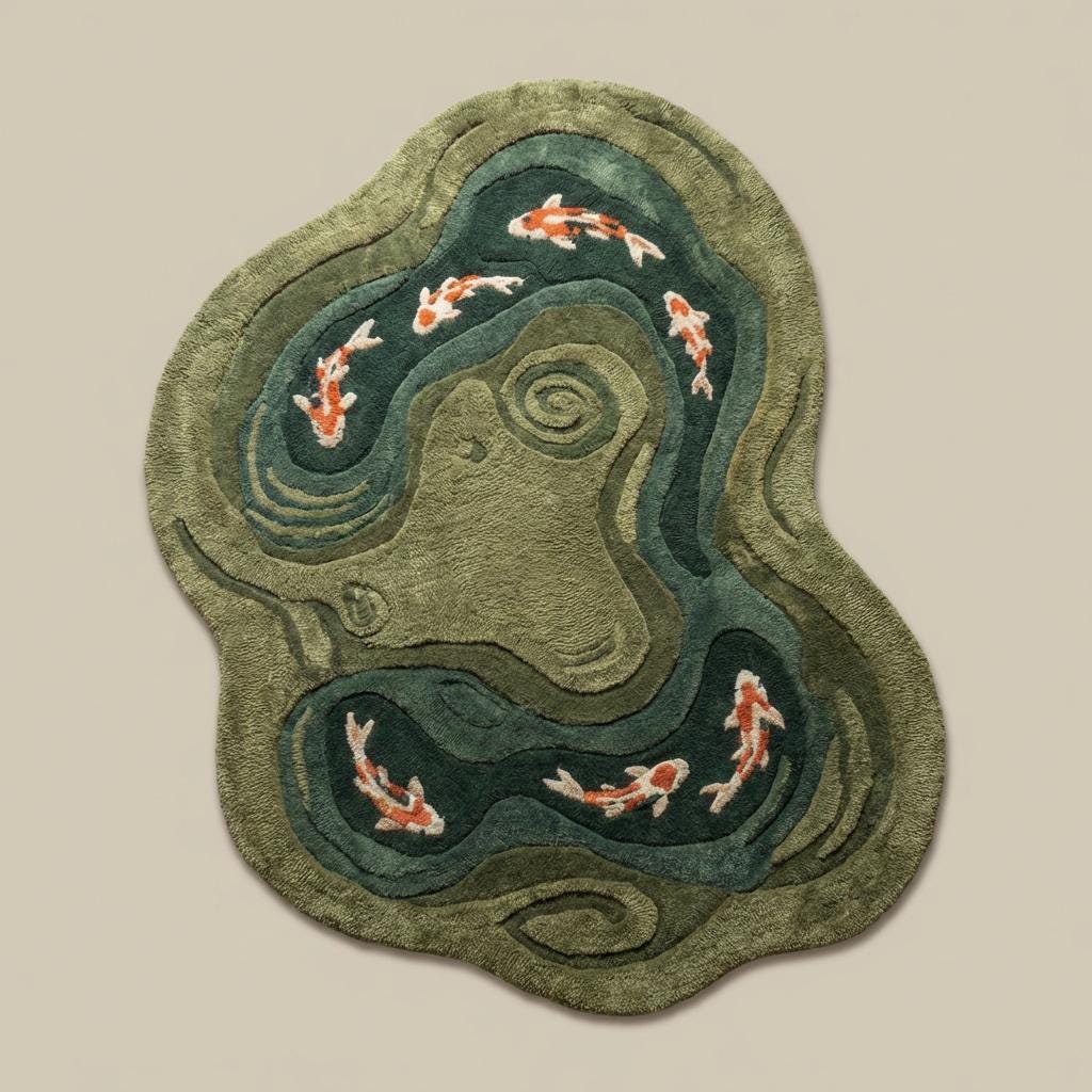 Nature-inspired green area rug with sculpted pond pattern and flowing abstract borders on wooden floor.