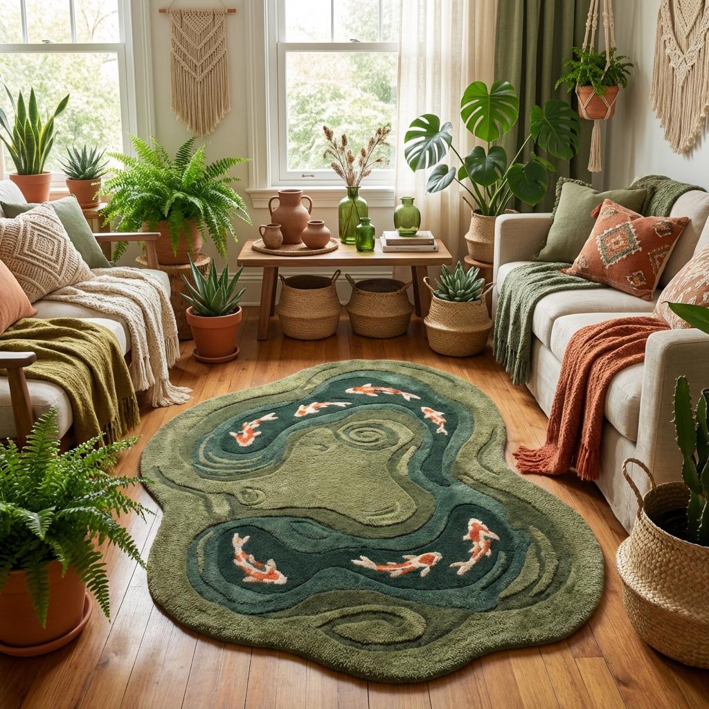 Modern artistic koi fish carpet styled between sofa and armchair in bright natural interior.