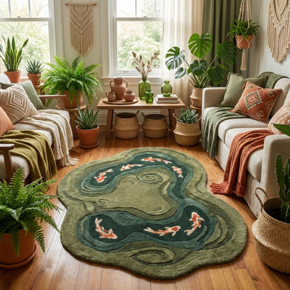 Modern artistic koi fish carpet styled between sofa and armchair in bright natural interior.