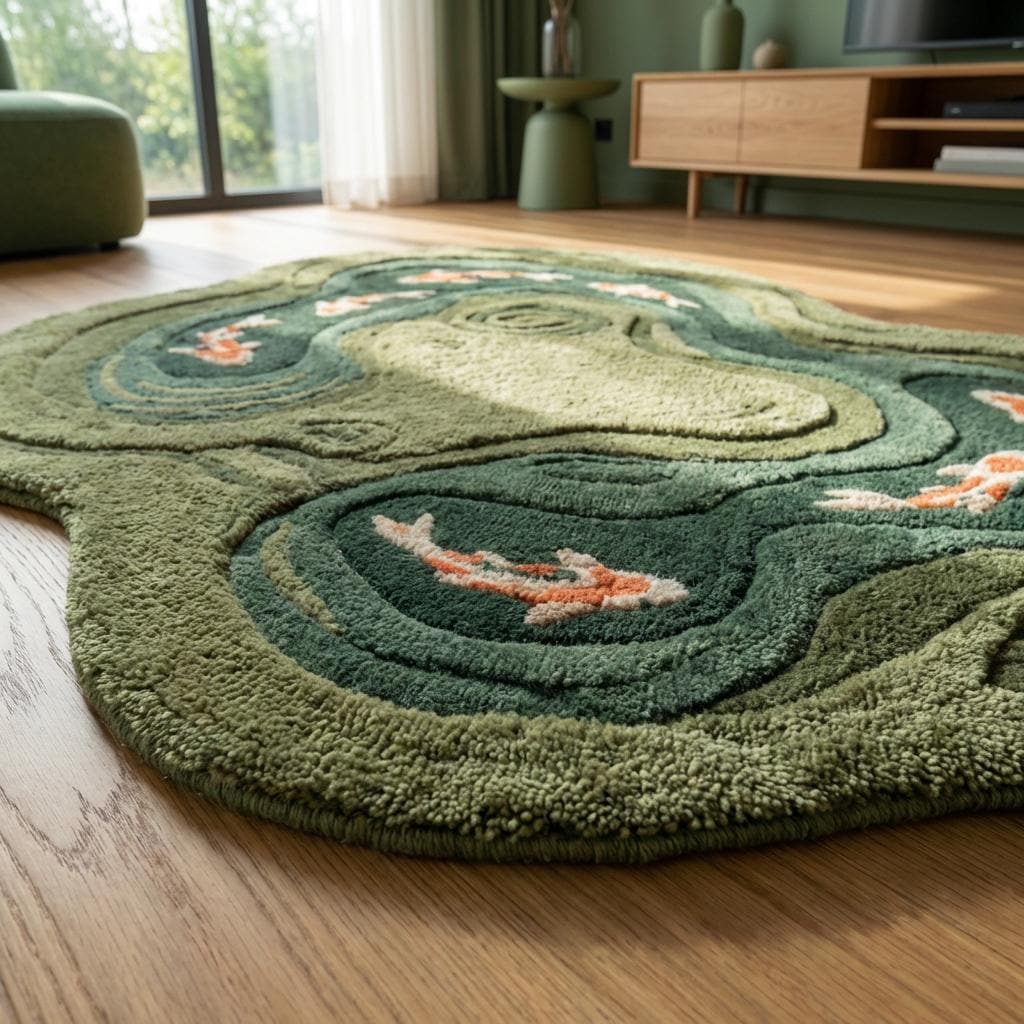 Koi Fish Pond Hand Tufted Rug, Irregular Wool Area Carpet
