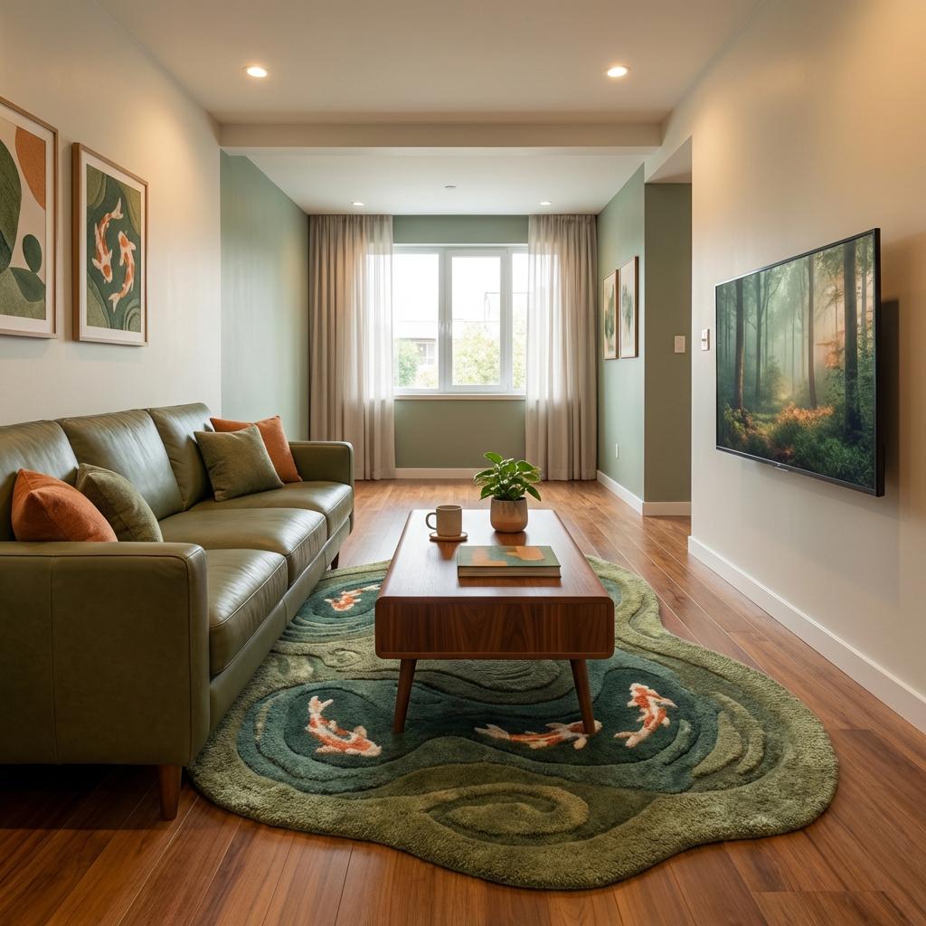 Koi Fish Pond Hand Tufted Rug, Irregular Wool Area Carpet