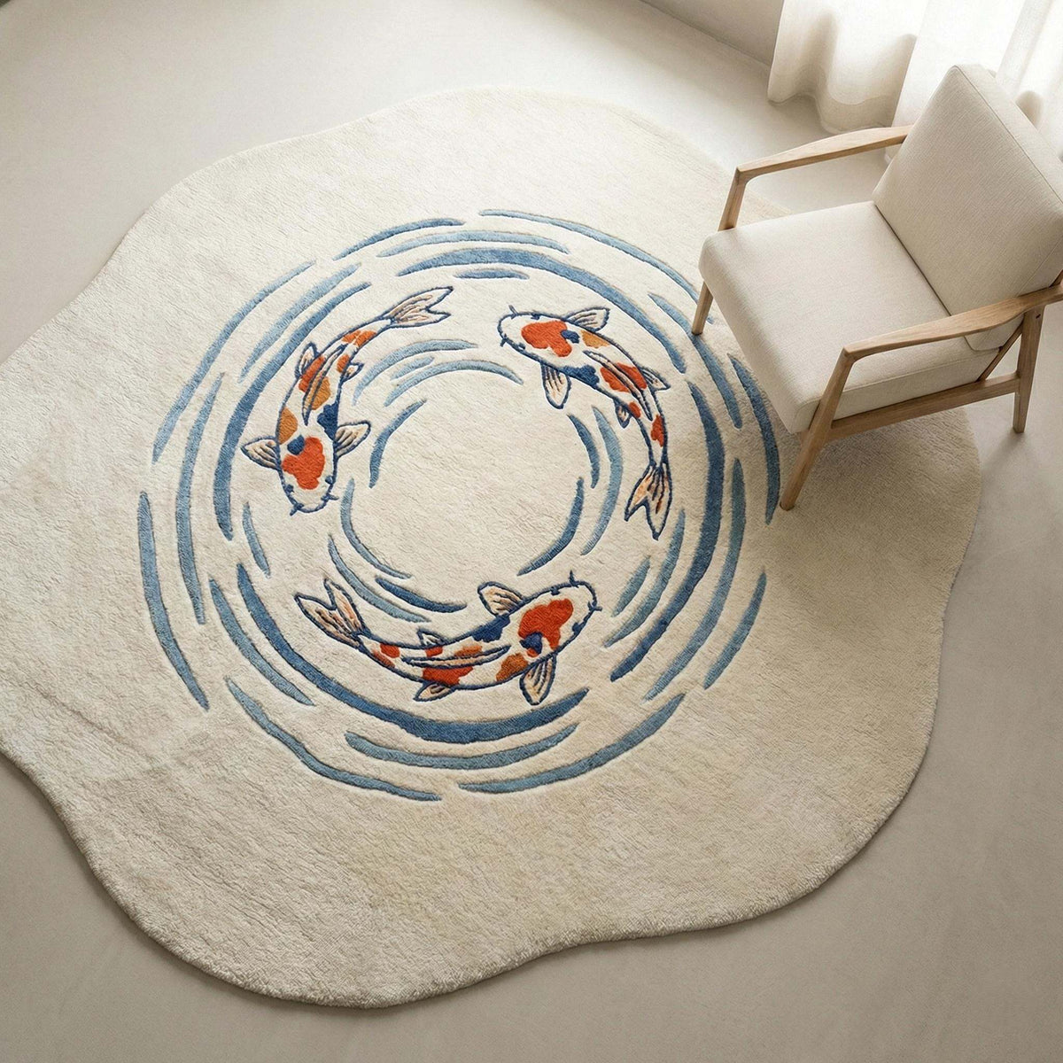 Hand-tufted irregular shaped koi fish rug in wool with vibrant blue and orange accents